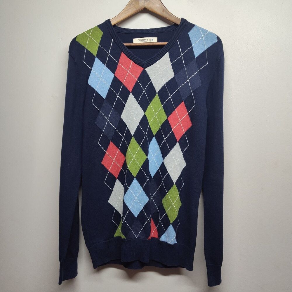 Old Navy Knit Sweater Men M Blue Argyle Preppy Old Money Academia Geekchic Fall